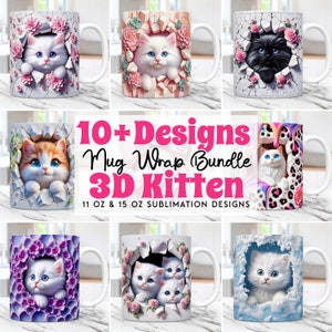 3D Kitten Hole In A Wall Mug Wrap Bundle Cat Mug Wrap Sublimation Design PNG, 11oz and 15oz Coffee Cup Template 3D Cute Cat Mug Press Design