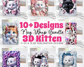 3D Kitten Hole In A Wall Mug Wrap Bundle Cat Mug Wrap Sublimation Design PNG, 11oz and 15oz Coffee Cup Template 3D Cute Cat Mug Press Design