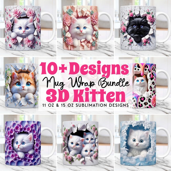 3D-Kätzchen Loch in einer Wand Becher Wrap Bundle Katzenbecher Wrap Sublimationsdesign PNG, 11 Unze und 15 Unze Kaffeetasse Vorlage 3D Cute Cat Mug Press Design