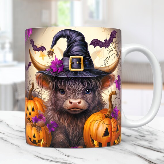 Baby Highland Cow Witch Halloween Mug Wrap, 11oz And 15oz Mug Template, Mug Sublimation Design PNG, Pumpkin Mug Wrap