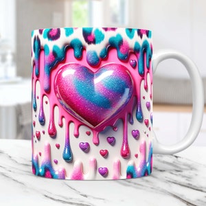 3D Pink Heart Hole In A Wall Mug Wrap, Valentines Day 15oz & 11oz Mug PNG Sublimation Design, Coffee Cup Mug Wrap Template, Digital Download