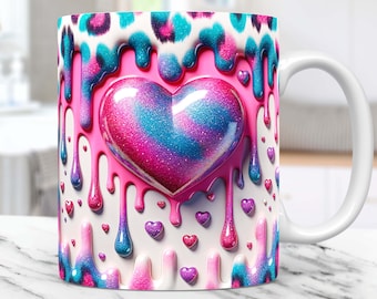 3D Pink Heart Hole In A Wall Mug Wrap, Valentines Day 15oz & 11oz Mug PNG Sublimation Design, Coffee Cup Mug Wrap Template, Digital Download
