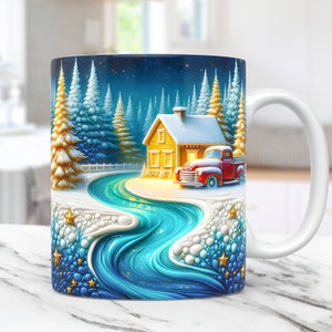 3D Red Truck Mug Wrap, Cute Christmas Mug Wrap Sublimation Design PNG, 11oz and 15oz Coffee Cup Template, 3D Winter Mug Wrap