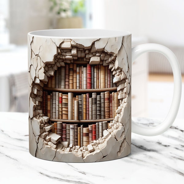 3D Book Mug Wrap 3D Bookshelf Mug Wrap Sublimation Design 3D Book Lover Mug Wrap 11oz and 15oz Coffee Mug PNG Wrap, Digital Download