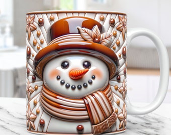 3D Snowman Mug Wrap Christmas Mug Wrap Sublimation Design PNG 11oz and 15oz Coffee Cup Template 3D Floral Inflated Snowman Mug Press Design