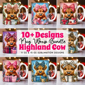 May include: A set of 10+ sublimation designs featuring a Highland Cow wearing a bow and holding gifts. The designs are perfect for creating mugs, tumblers, and other personalized gifts. 11 oz & 15 oz sublimation designs.