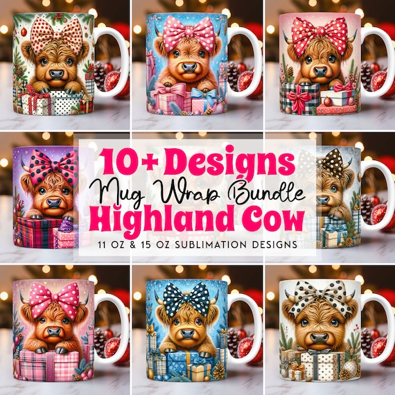 Cute Highland Cow Christmas Mug Wrap Bundle Mug Wrap Sublimation Designs PNG, 11oz and 15oz Mug Template, Baby Highland Mug Press Design