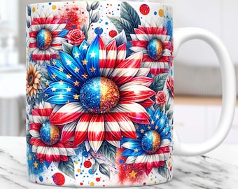 4th of July Mug Wrap American Flag Sunflowers Mug PNG Sublimation Design Floral Patriotic Independence Day 11oz 15oz Coffee Cup Template Mug