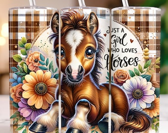 May include: A brown and white horse with a plaid background and flowers. The text "Just a Girl Who Loves Horses" is on the right side of the image.