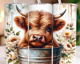 Baby Highland Cow In a Bucket Tumbler Wrap 20oz Skinny Tumbler Sublimation Design Highland Cow with Flowers Tumbler PNG, Digital Download