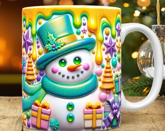 3D-Schneemannbecher Wrap Weihnachtsbecher Wrap Sublimationsentwurf 3D Aufgeblasener Schneemannbecher PNG Puffy Press Design 15 Unzen und 11 Unzen Kaffeetassen-Vorlage