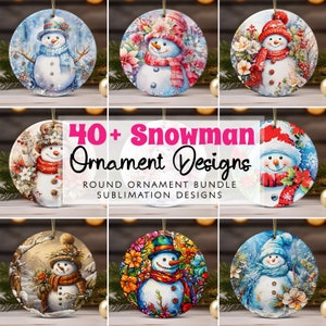 Lot de décorations de Noël bonhomme de neige, motifs de sublimation, décoration ronde de Noël aquarelle PNG, téléchargement numérique