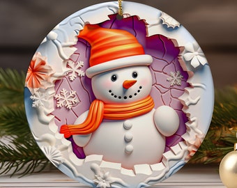 Conception de sublimation d’ornement de Noël de bonhomme de neige 3D, ornement rond de Noël perçant l’ornement de bonhomme de neige PNG, téléchargement numérique