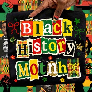Puede incluir: Camiseta negra con las palabras "Black History Month" en letras coloridas y recortadas. El dise&ntilde;o incluye estrellas, lazos y un acento de estampado de leopardo. El fondo presenta patrones y retratos de inspiraci&oacute;n africana.