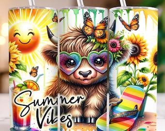 Summer Highland Cow Tumbler Wrap, 20oz Skinny Sublimation Tumbler Design, Summer Vibes Tumbler Wrap Png, Tropical Cow Tumbler Png Download