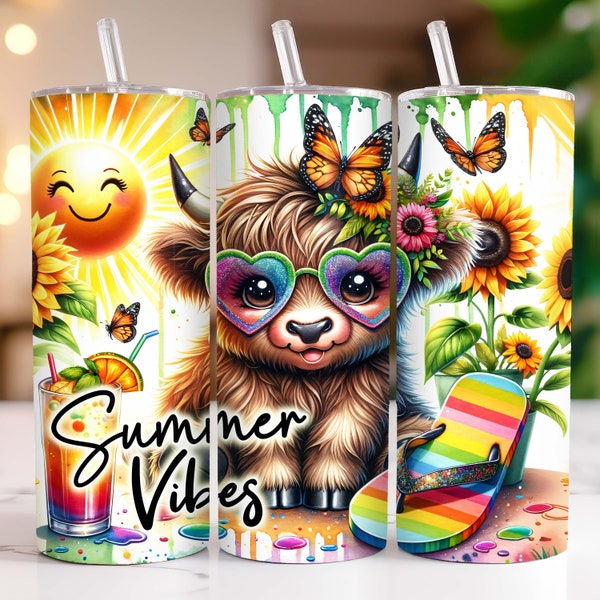 Summer Highland Cow Tumbler Wrap, 20oz Skinny Sublimation Tumbler Design, Summer Vibes Tumbler Wrap Png, Tropical Cow Tumbler Png Download