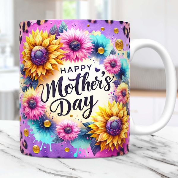Bonne fête des mères Mug Wrap sublimation designs tournesols PNG 15 oz 11 oz léopard floral maman vie Mug Wrap maman modèle tasse à café
