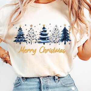 Merry Christmas png, Christmas Trees png, Christmas Sublimation Design, Blue Gold Christmas Shirt Xmas Holiday png, Classic Christmas Png image 5