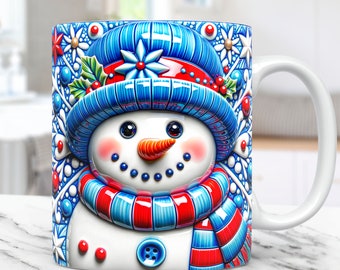 3D Snowman Mug Wrap Christmas Mug Wrap Inflated Sublimation Design 15oz and 11oz Coffee Cup Template 3D Floral Snowman Mug PNG Press Design