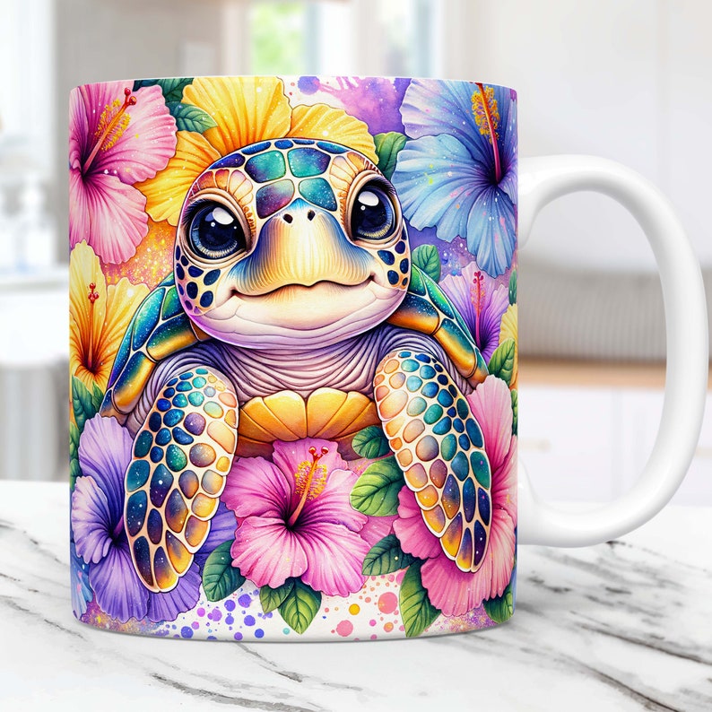 May include: A white ceramic mug with a colorful design featuring a cartoon sea turtle surrounded by pink, yellow, blue, and purple hibiscus flowers. The turtle has big, blue eyes and a bright yellow shell with green and blue accents.