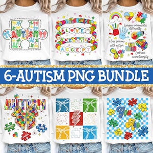 May include: A set of six digital designs featuring colorful puzzle pieces and text related to autism awareness. The designs include phrases like "Autism", "Love Understand Accept", "Everyone Communicates Differently", and "You Are".