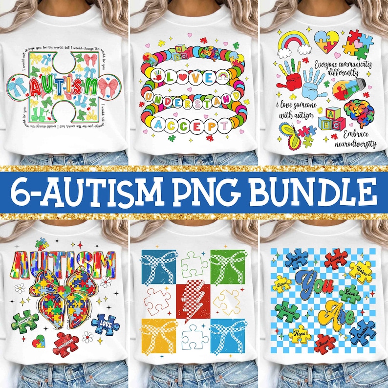 May include: A set of six digital designs featuring colorful puzzle pieces and text related to autism awareness. The designs include phrases like "Autism", "Love Understand Accept", "Everyone Communicates Differently", and "You Are".