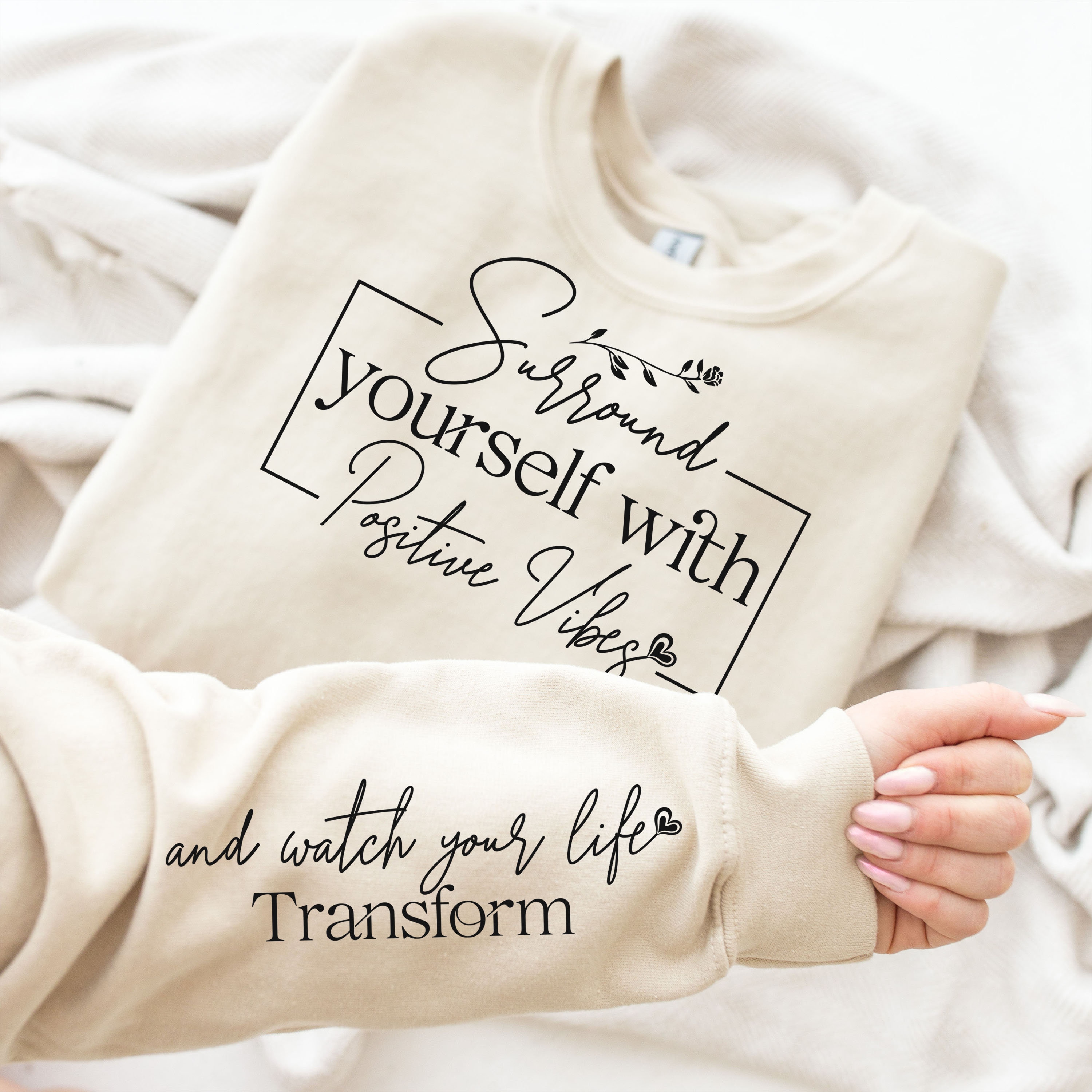 Surround Yourself with Positive Vibe SVG PNG, Motivational Sleeve Shirt Svg, Boho Self Love Svg, Boho Quote Self Care Svg, Png File