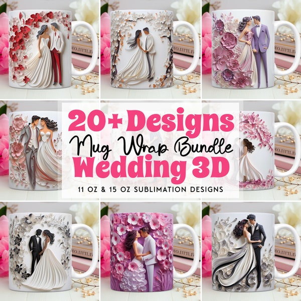 3D Wedding Couple Mug Wrap Bundle, Floral Mug Wrap Template, Mug Sublimation Designs, 11oz & 15oz Mug Template, Instant Digital Download