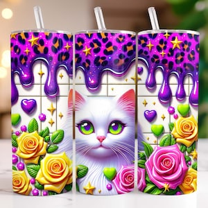 Cat Tumbler Wrap Cat Lovers Skinny 20 oz Tumbler Sublimation Design, Floral Cat Tumbler PNG, Instant Digital Download