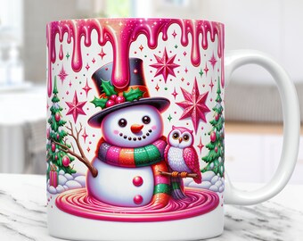 Envoltura para taza navideña 3D Envoltura para taza de muñeco de nieve Diseño de sublimación navideña Taza de muñeco de nieve con búho 3D Diseño de prensa PNG Plantilla para taza de café de 11 oz y 15 oz