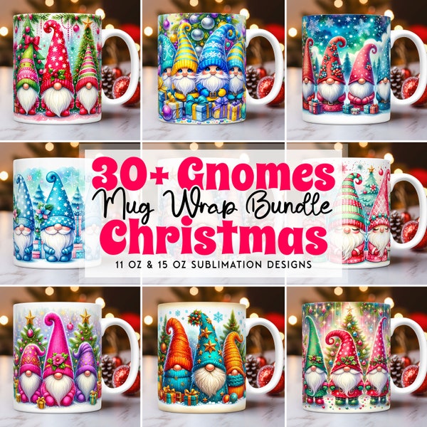 Bundle d'emballage de mugs Noël gnomes, Mug Wrap Sublimation dessins PNG, modèle de tasse 11 oz et 15 oz, mignon Noël Mug presse Design