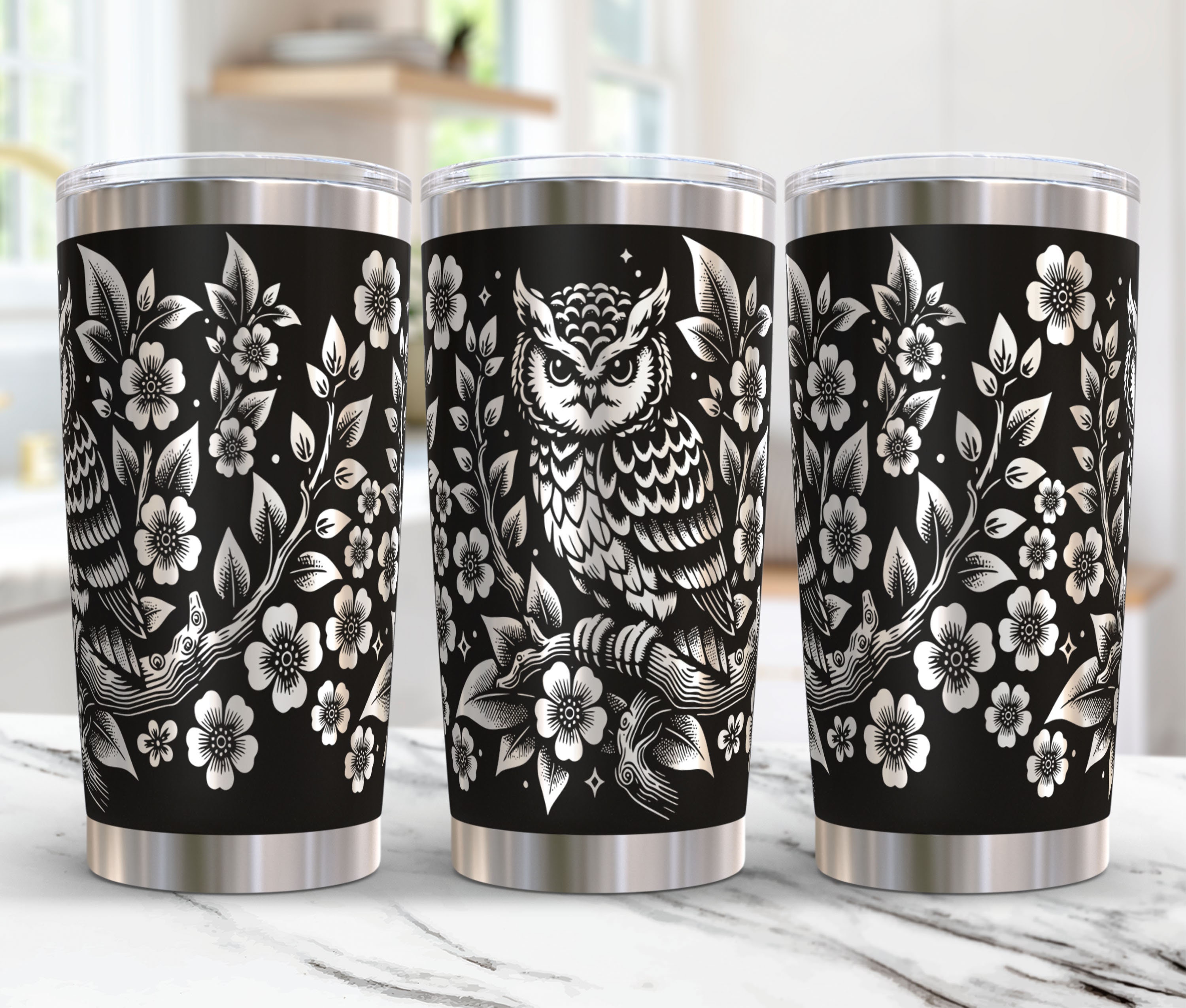 Owl Tumbler Wrap Laser Svg, 20oz Laser Engraved Tumbler Wrap, Flowers Laser Engraving Svg, Floral Owl 20 oz Tumbler Laser File Svg Design