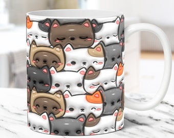Tazza con gatto gonfiabile 3D, tazza con gatti gonfi, design a sublimazione PNG, modello per tazza da caffè da 11 e 15 once, design per pressa per tazza con gatti carini 3D
