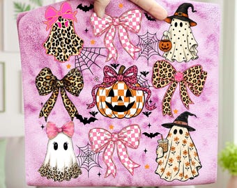 Preppy Leopard Ghost PNG Cute Halloween Ghost Sublimation Design Coquette Spooky Season Shirt PNG Trendy Fall Png