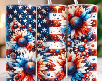 Sunflowers 4th of July Tumbler Wrap 20 oz Skinny Tumbler PNG American Flag Sublimation Design Floral Patriotic Independence Day Tumbler Wrap