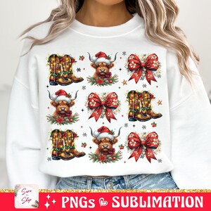 May include: White sweatshirt with a repeating pattern of red bows, cowboy boots with lights, and Highland cows wearing Santa hats. The design is perfect for the Christmas season.