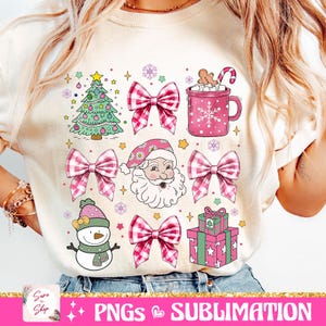 May include: A digital design featuring a Christmas theme with a red and white gingham bow, a snowman, a Christmas tree, a mug of hot chocolate, a gift box, and Santa Claus. The design is perfect for sublimation projects.
