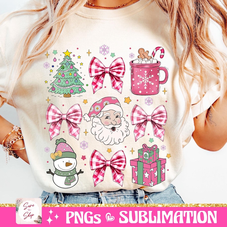 May include: A digital design featuring a Christmas theme with a red and white gingham bow, a snowman, a Christmas tree, a mug of hot chocolate, a gift box, and Santa Claus. The design is perfect for sublimation projects.