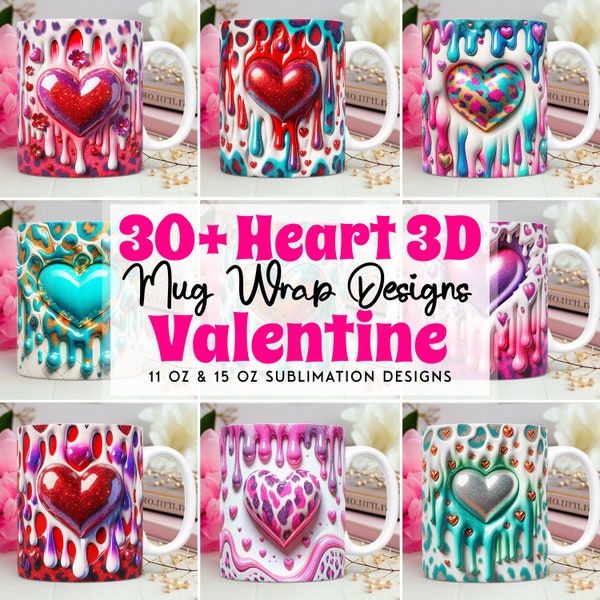 3D Heart Hole In A Wall Mug Wrap Bundle, Valentines Day 11oz & 15oz Mug PNG Sublimation Designs, Coffee Cup Valentine Mug Wrap Template