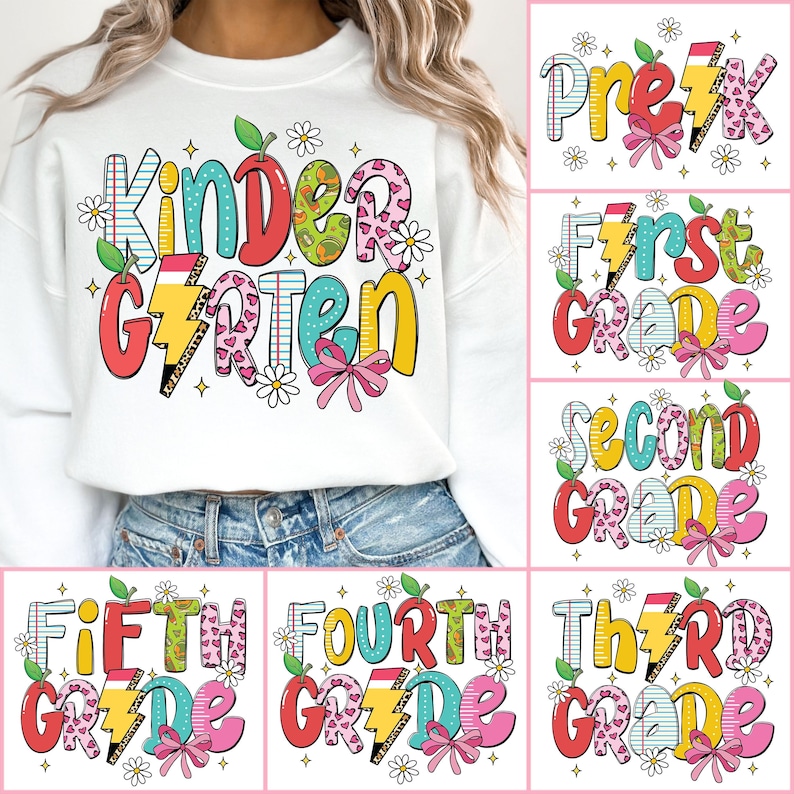May include: A set of 7 colorful iron-on designs for t-shirts featuring the words "Pre-K", "Kindergarten", "First Grade", "Second Grade", "Third Grade", "Fourth Grade", and "Fifth Grade". Each design includes a variety of colorful elements such as apples, pencils, lightning bolts, and bows.