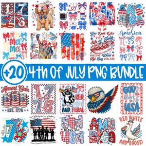 May include: A collection of patriotic 4th of July themed PNG graphics. Designs include the American flag, fireworks, a hot dog, an eagle, and the Statue of Liberty. The text includes "USA", "America", and "Red White and Feral".