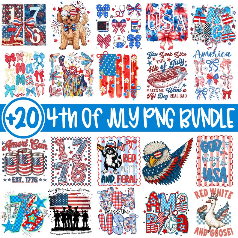 May include: A collection of patriotic 4th of July themed PNG graphics. Designs include the American flag, fireworks, a hot dog, an eagle, and the Statue of Liberty. The text includes "USA", "America", and "Red White and Feral".