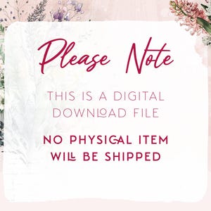 Puede incluir: Una tarjeta blanca con bordes florales rosas y el texto "Por favor, tenga en cuenta" en rojo. El texto debajo dice "Este es un archivo de descarga digital. No se enviar&aacute; ning&uacute;n art&iacute;culo f&iacute;sico."