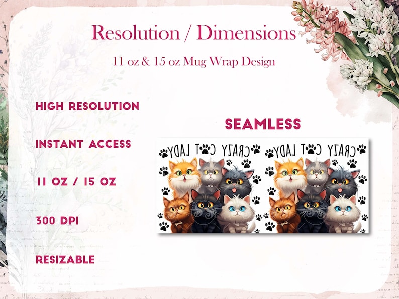 May include: A digital design featuring a seamless pattern of cute cartoon cats with paw prints. The design is high resolution, 300 DPI, and resizable. It is for 11 oz and 15 oz mugs.