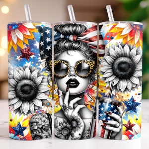 May include: A set of three stainless steel tumblers with a patriotic theme. The tumblers feature a woman with a sunflower and American flag design. The tumblers are perfect for everyday use or for special occasions.