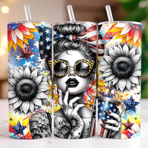 Floral 4th of July 20 oz Tumbler Wrap Sublimation Design, American Flag Sunflowers Patriotic Tumbler PNG Design Templates, Digital Download