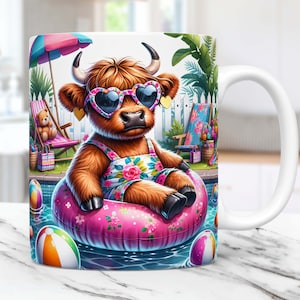 May include: A brown and white Highland cow wearing pink heart-shaped sunglasses and a floral swimsuit floats in a pink pool ring in a blue pool. The cow is surrounded by beach balls and a white picket fence.
