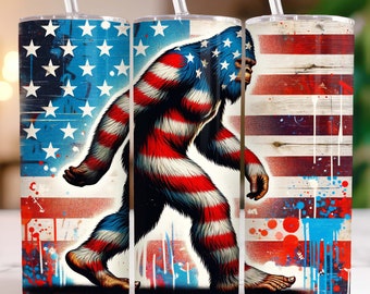 4th of July Bigfoot 20 oz Tumbler Wrap Sublimation Design, Vintage American Flag Patriotic Bigfoot Tumbler Design Templates, Png Download