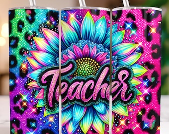 Envoltura para vaso de girasol para maestros, vaso delgado de 20 oz, diseño de sublimación PNG, vaso de agradecimiento para maestros, envoltura para vaso de regreso a clases