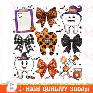 May include: A set of Halloween-themed digital clipart featuring various images, including a tooth with a witch's hat, a tooth with a pumpkin design, a tooth with a scary face, a clipboard with a checklist, a bow with a black and white checkered pattern, a bow with a leopard print, a bow with orange and white polka dots, a syringe with a mirror, and a box of dental floss.